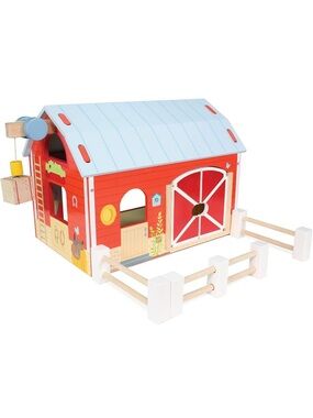 NIB Red Wooden Barn Playset with Light Blue Roof - Kids Learning Toy
